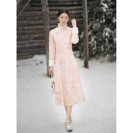 秋冬装改良旗袍 毛毛拼接提花加绒加厚连衣裙 国风盘扣立领长裙子