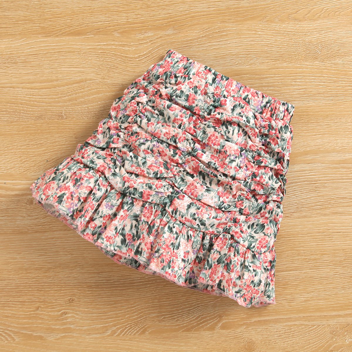 Kinderkleidung, Mädchen langer quadratischer Kragen, Puffärmel, Strickpullover mit Grubenstreifen, Rüschenrand, plissiertes Blumenmuster_voghion.com