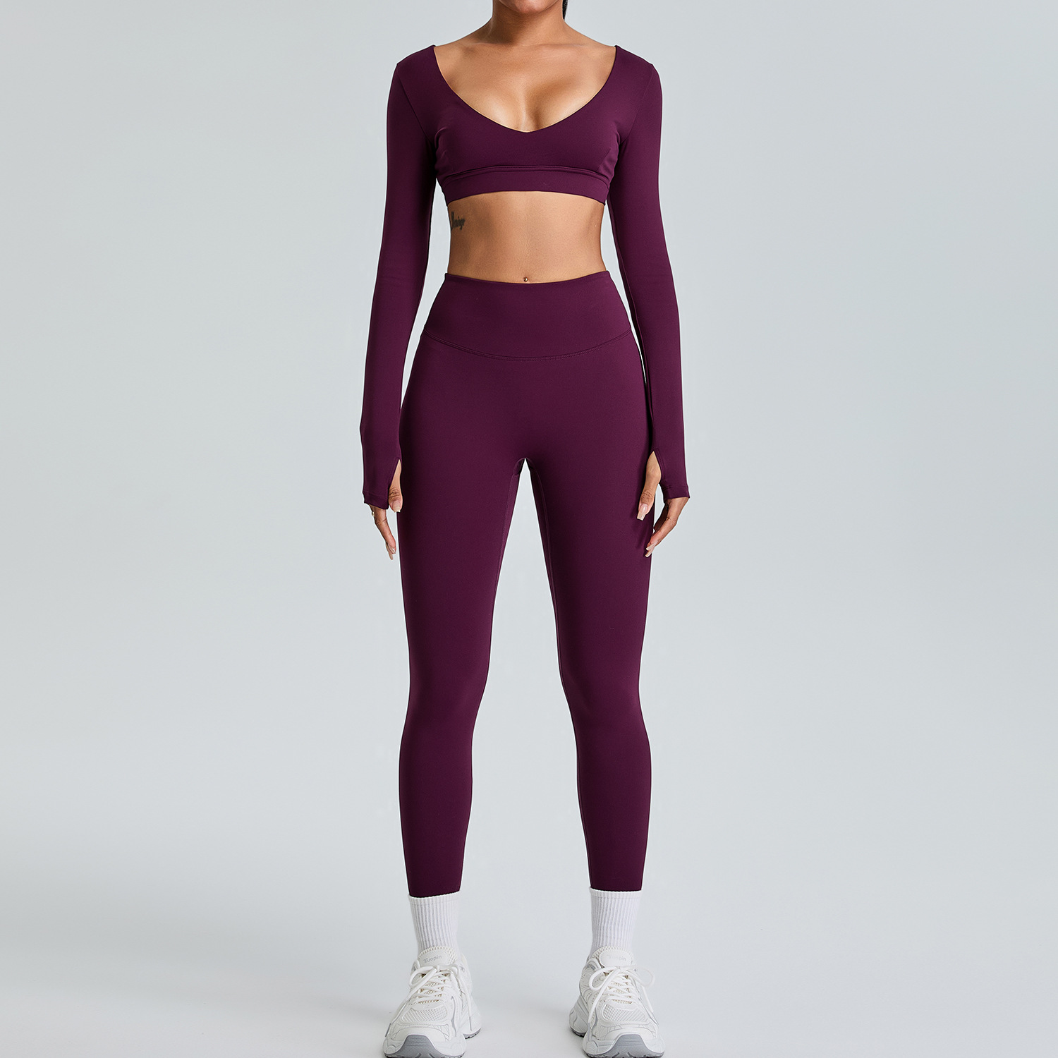 Traje de ropa de yoga de manga larga con cuello en V sexy de nuevo estilo transfronterizo, ropa deportiva de alta gama para mujeres, ropa deportiva de levantamiento de cadera de melocotón