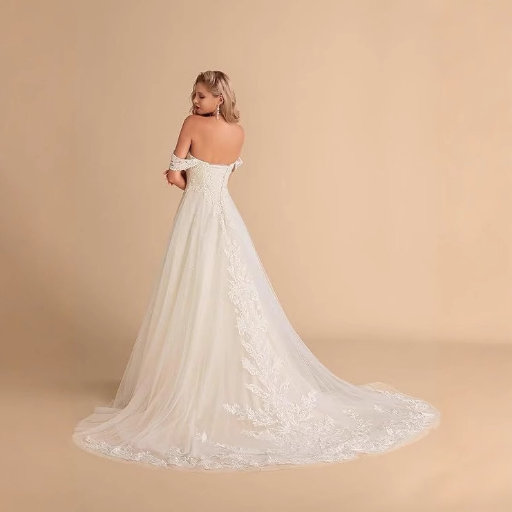 2024 nuevo vestido de novia de encaje blanco de hombro dos vestidos de novia de cola de cola de cornisa