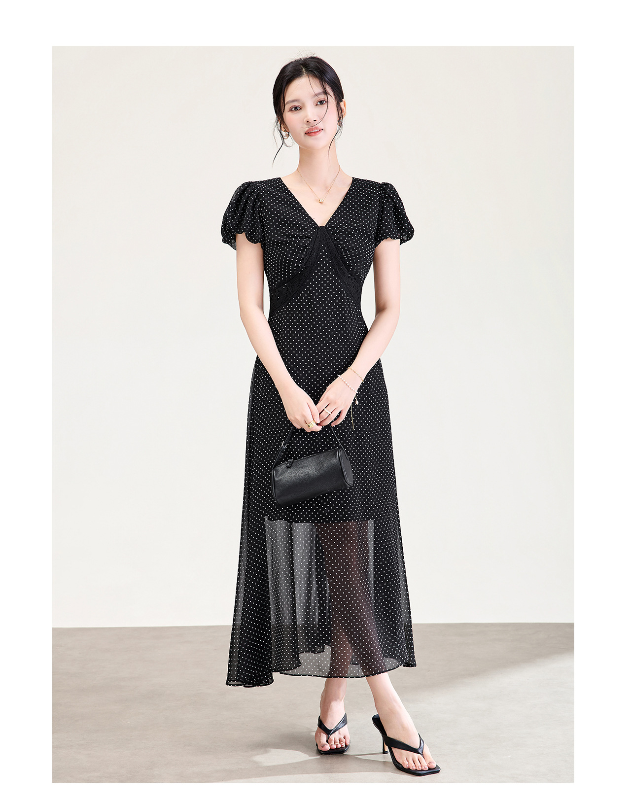 Đầm maxi nữ cổ V ren chấm bi phong cách Pháp thắt eo — màu đen chi tiết 16