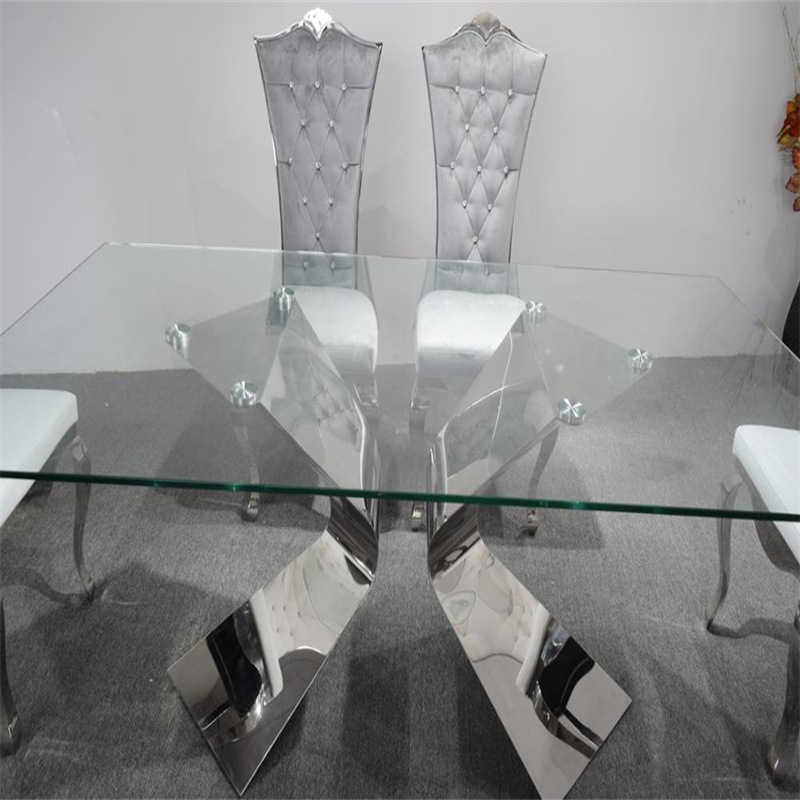 A8095 mesa de comedor minimalista contemporánea italiana de lujo ligera base de acero inoxidable 12 mm mesa de comedor de vidrio templado