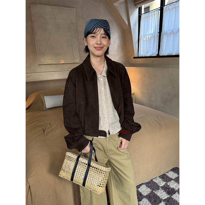 【Clearance No Returns】Autumn Thirteen Rows Women's Clothing Korean Style Short Genuine Leather Lapel Leather Jacket for Women Af-059