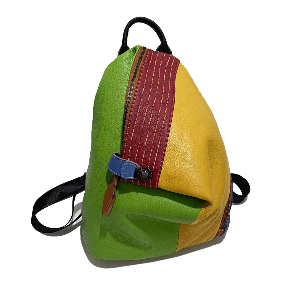 Women's Leather Backpack, Color Blocked Cowhide Travel Backpack, Colored Leather Backpack_voghion.com