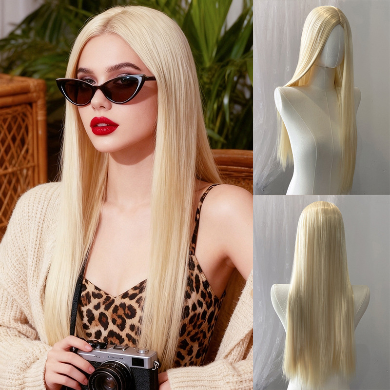 Hot-Selling Foreign Trade Wig for Women with Middle Parting, High-Temperature Silk, Long Straight Hair, European and American Cross-Border Light Gold Chemical Fiber Headgear Manufacturer Wholesale Hot-Selling Foreign Trade Wig for Women with Middle Parting, High-Temperature Silk, Long Straight Hair, European and American Cross-Border Light Gold Chemical Fiber Headgear Manufacturer Wholesale