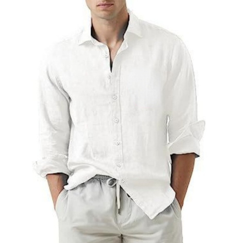 Summer European and American Cotton Linen Solid Color Men's Shirt Youth Casual Cotton Linen Lightweight Breathable Men's Shirt