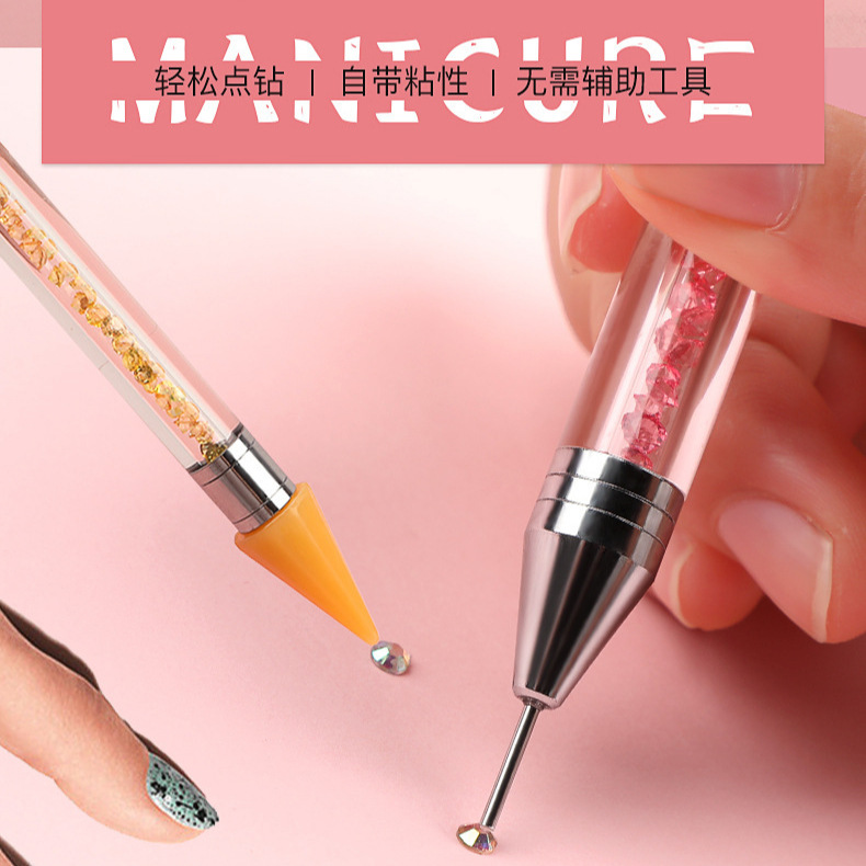 Pluma de belleza de uñas transfronteriza Nueva joyería de uñas rhinestone punto crayón de diamante de acero inoxidable de doble cabeza de doble uso