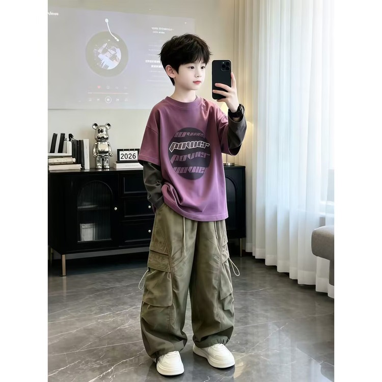 Boys' 2026 Autumn Korean Style Two-Piece T-Shirt Set for Children and Older Kids, Trendy Letter Print Long Sleeve Two-Piece Set