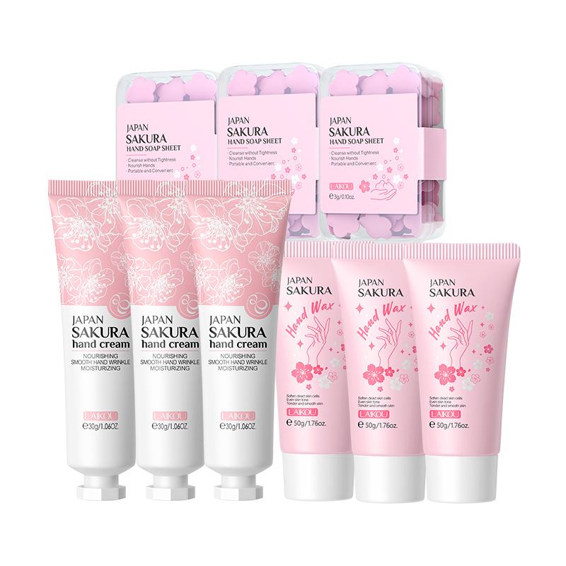 Conjunto combinado de leche de caracol y flor de cerezo LAIKOU transfronterizo, varios conjuntos, kit de productos para el cuidado de la piel de combinación libre.