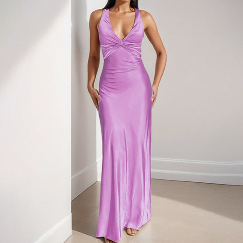 Amazon Cross-Border 2025 New European and American Women's Sexy V-Neck Pleated Fitted Long Dress Elegant and Graceful Dress