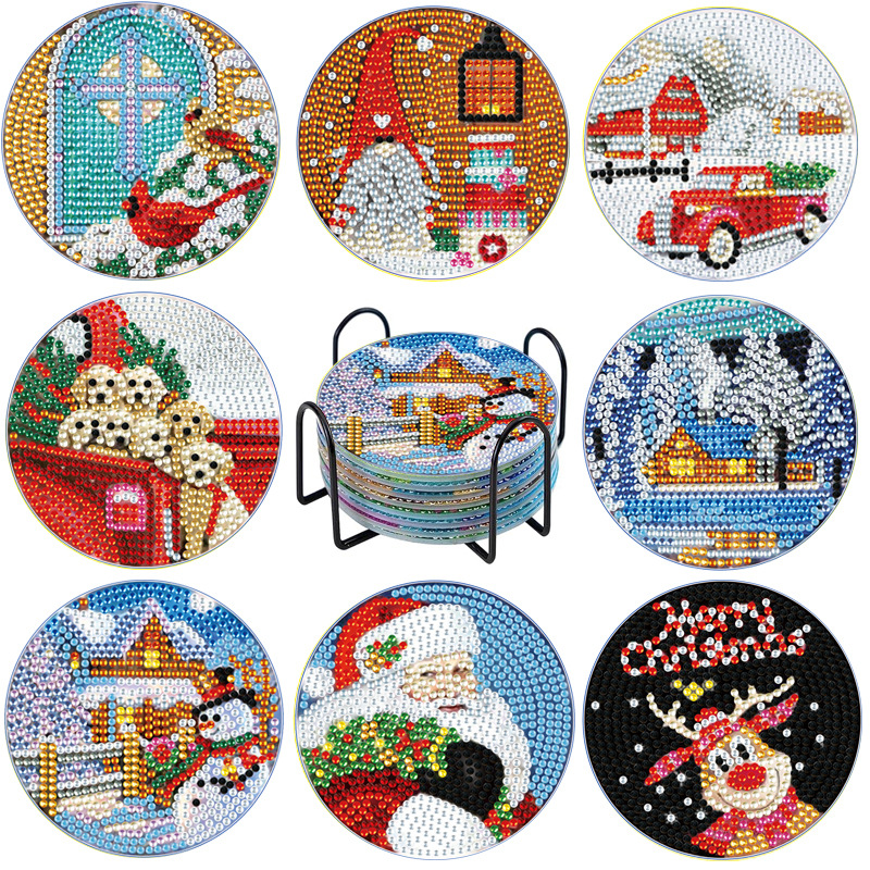 Posavasos de pintura de diamantes de diamantes de diamantes completos transfronterizos hechos a mano almohadilla de aislamiento térmico de diamantes de punto de acrílico redondo de bricolaje fondo de corcho antideslizante posavasos