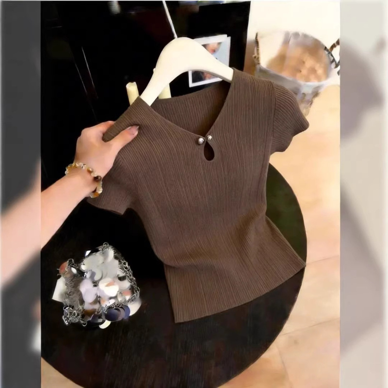 Summer New Stylish and Fashionable Exquisite Women's Clothing, Fashionable Slim-Fit Hollow-Out Short-Sleeve Knit T-Shirt Top, Hot-Selling Item