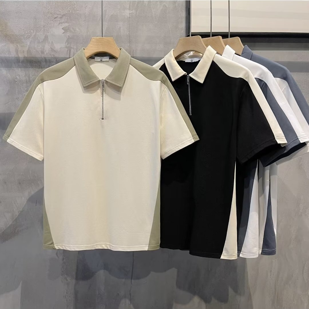 2024 New Color-block Loose Half-zipper Short-sleeved Top Summer Men's Casual British-style Polo Top