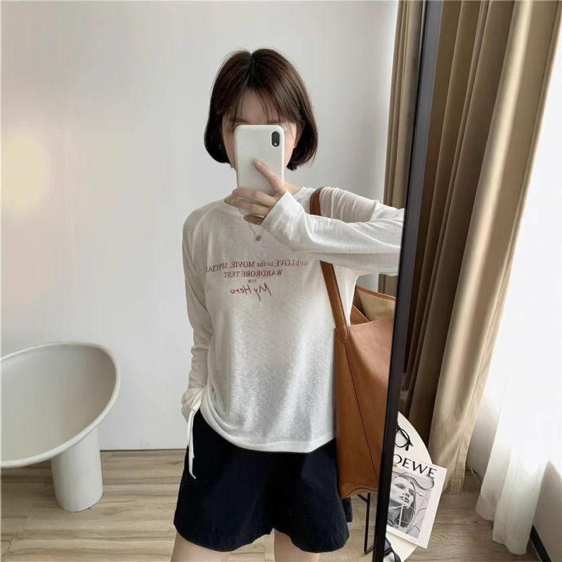 The Spring Is Not Late 70 Lyocell! Korean Versatile Thin Waist Smocked Letter Print Blouse Long-Sleeved T-Shirt for Women