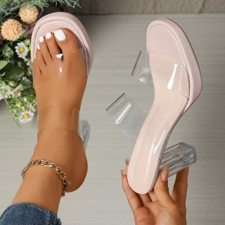 2024 Foreign Trade Large Size Ultra-High Heel Transparent Crystal High Heels New Rhinestone Outdoor Sandals European and American Pu Internet Celebrity Style