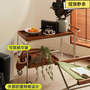 Tea Trolley Internet Celebrity Solid Wood Sofa Side Table Retro Japanese Style Movable Coffee Table Living Room Side Cabinet Dining Cart