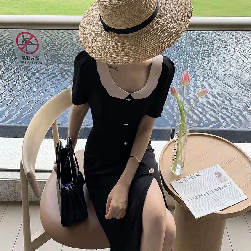 ChicShe French Hepburn Plus Size European And American Style Doll Collar Loose Mid-Length Single-Breasted Summer Black Dress_voghion.com