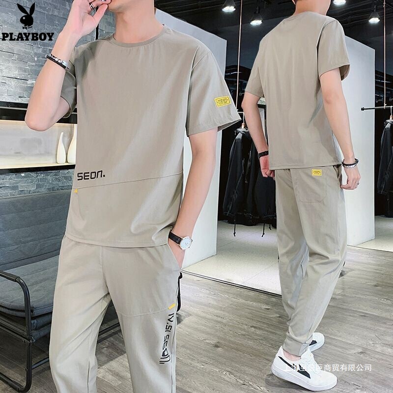 Playboy Summer Short-Sleeved Ice Silk Suit Men's Set Paired with a Cool and Trendy Korean-Style Men's Casual T-Shirt Playboy Summer Short-Sleeved Ice Silk Suit Men's Set Paired with a Cool and Trendy Korean-Style Men's Casual T-Shirt