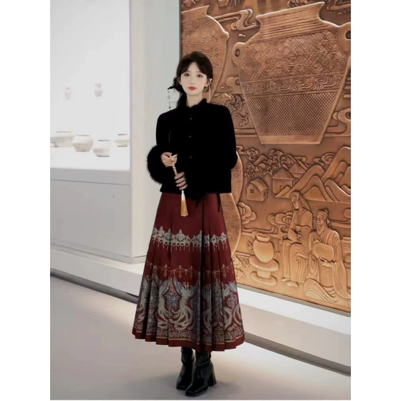 Новый элитный женский костюм в китайском стиле, рубашка с пряжкой, глубокая зимняя одежда, полный комплект юбки с лошадиной лицом в китайском стиле, комплект из трех предметов.