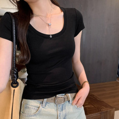 辣妹正肩U领短袖T恤女2025春夏南油新款韩系修身小心机女装打底衫