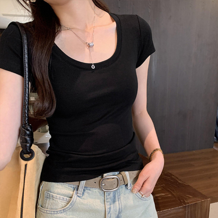 Spicy Girl Regular Shoulder U-Neck Short Sleeve T-Shirt for Women 2025 Spring/Summer Nanyou New Korean Style Slim Fit Casual Women's Base Shirt