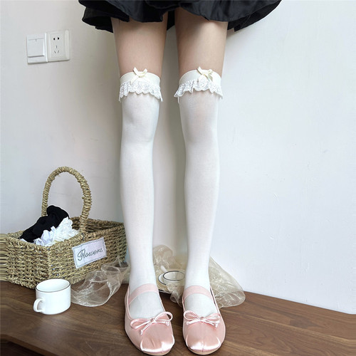 Summer sweet thin mid-calf white lace bow lace socks velvet knee-high girl socks Lolita