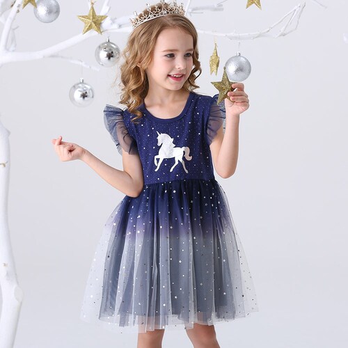 Children's dress, unicorn short-sleeve dress, kids' skirt, autumn 2024 new fashion, dreamy princess dress, trendy