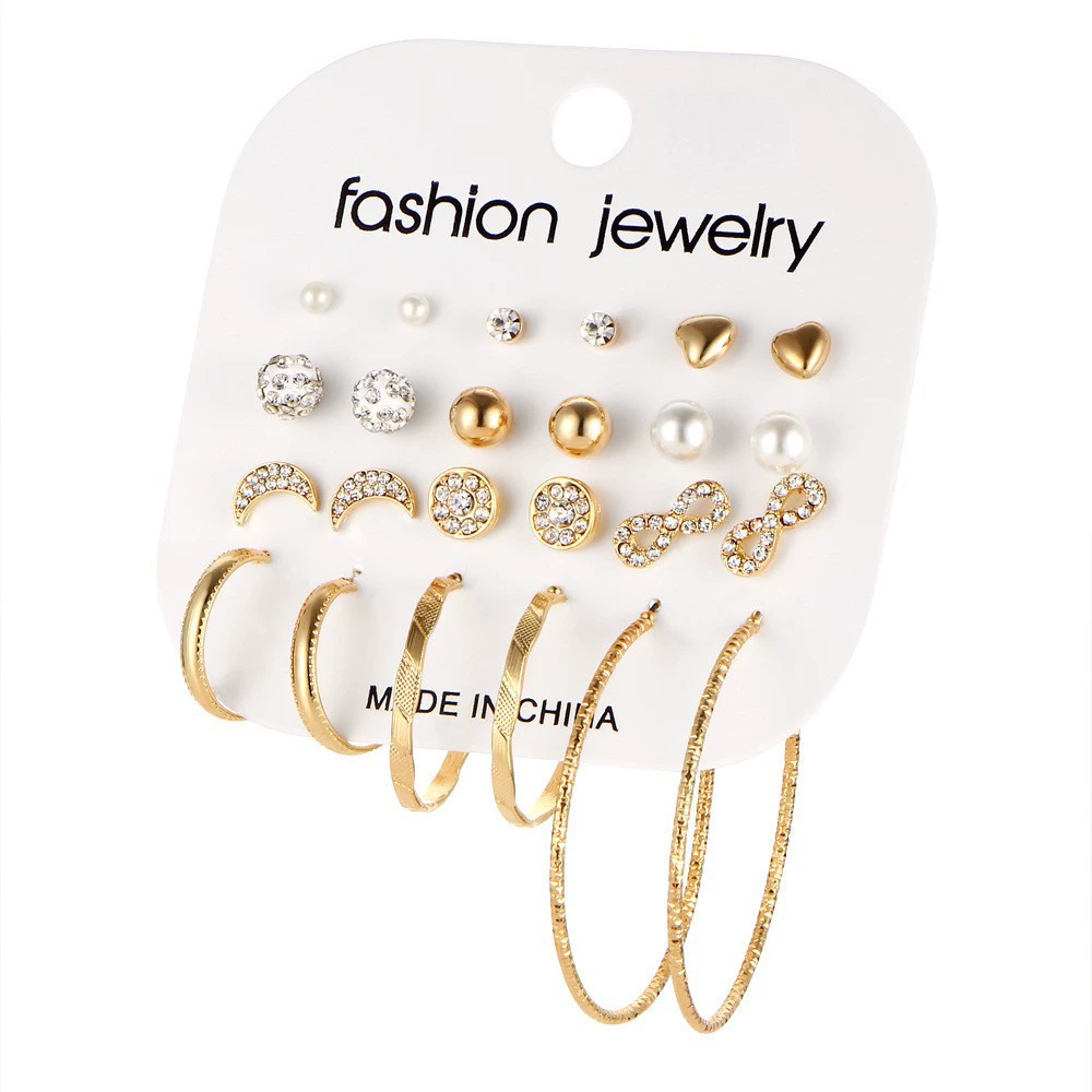 Earrings set 6-piece, European style simple elegant, metal fashion studs and dangles