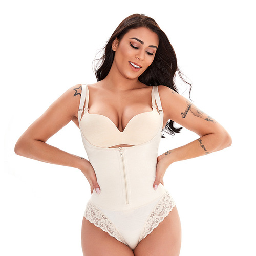 Cross-border European and American rubber shapewear tummy control suspender bustier lace zipper hip-lifting one-piece body shaper for women