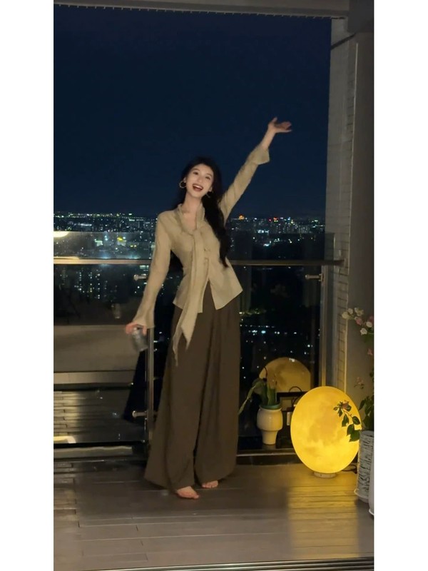 韩系高级感休闲套装女2025秋季新款飘带长袖衬衫阔腿裤两件套女装|undefined