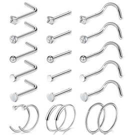 不锈钢鼻钉鼻环套装7字5字爱心镶锆石耳骨钉玫瑰金跨境亚马逊热卖