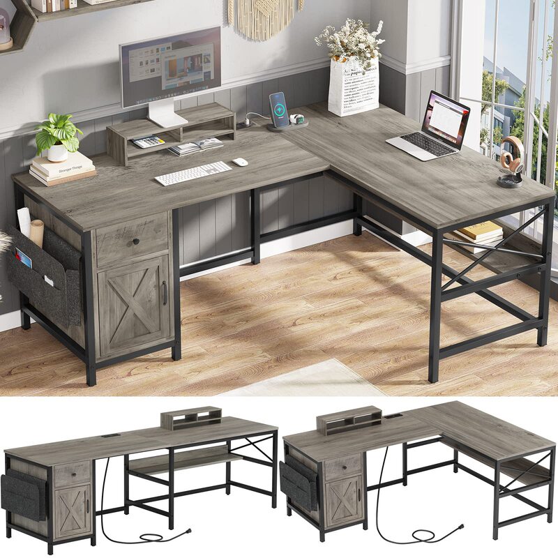 L Shaped Desk, Corner Desk, Office Computer Desk with Drawers, Power Strip, Storage Cabinet