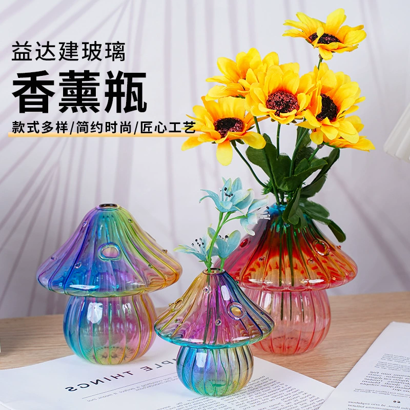 Оптовая продажа стеклянных ваз в форме гриба для ароматерапии, прозрачные цветные стеклянные гидропонные вазы, креативные предметы интерьера