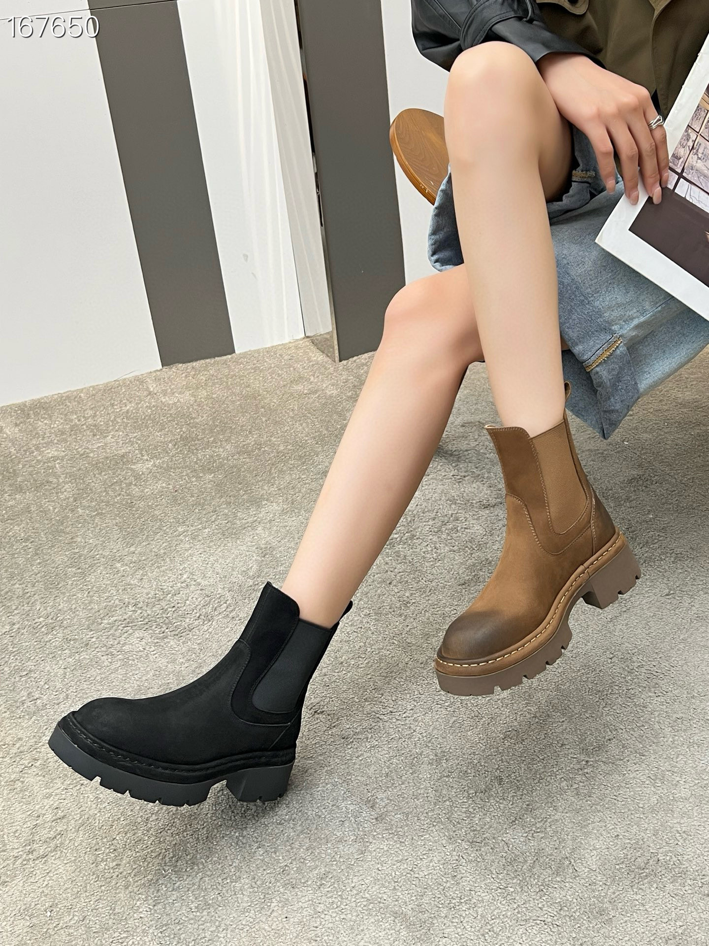 Boot nữ da bò cổ thấp đế xuồng dày khóa kéo bên — Màu đen, Màu Kaki chi tiết 3