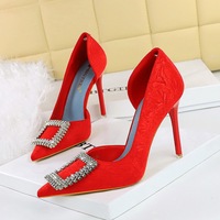 6168-K63 Fashionable Square Diamond High Heels with Thin Heels and Ultra High Heels, Shallow Mouth Pointed Side Empty Single Shoes for Women