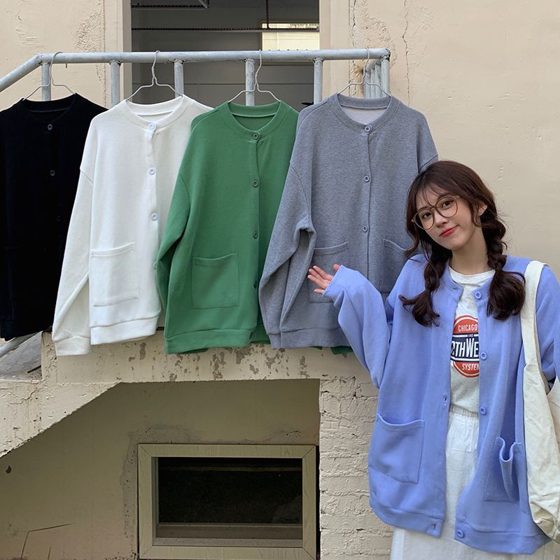 韩版卫衣女春秋季宽松休闲慵懒单排扣长袖上衣开衫薄款外套上衣潮