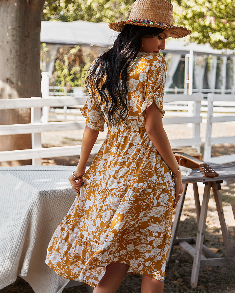 V-neck temperament mid-length printed dress NSKA37608