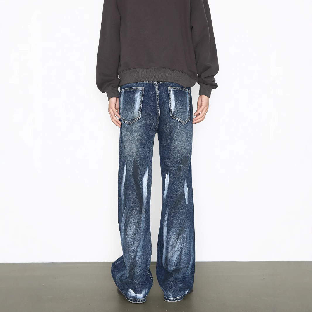 Hand-Painted American Style Straight-Leg Jeans For Men - Vintage Washed Denim Pants With Flared Hem, Comfortable Cotton Blend Fabric_mkmklike.com