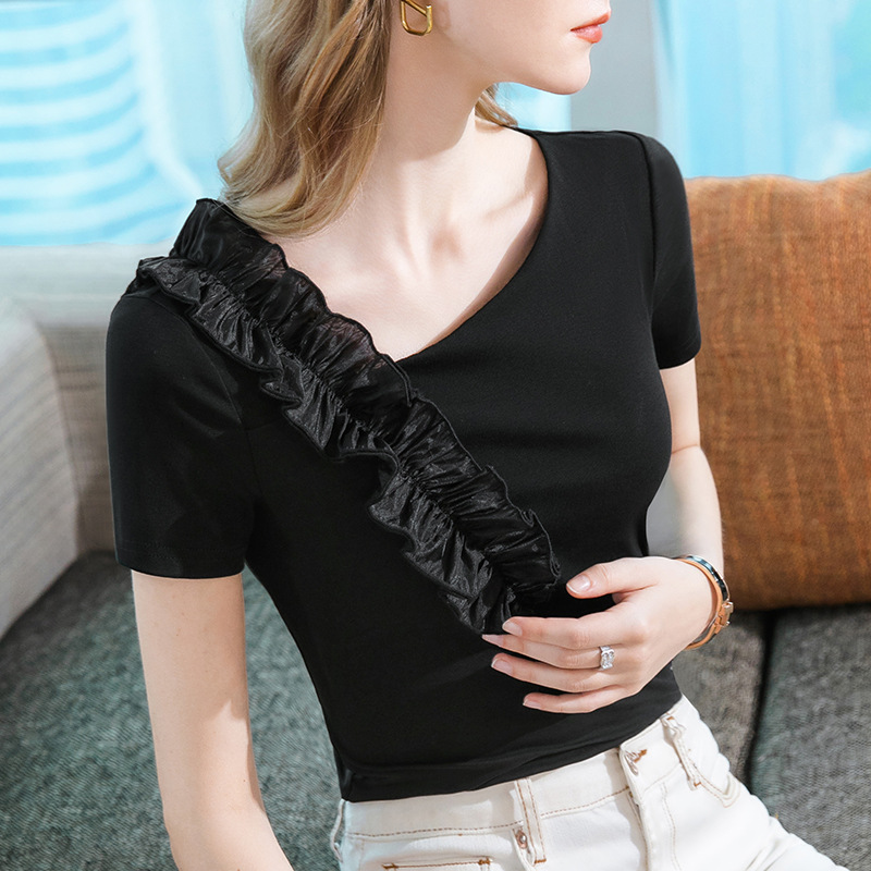 Nueva blusa francesa con volantes de verano 2023 Camiseta de manga corta negra para mujer diseño sentido nicho image 8
