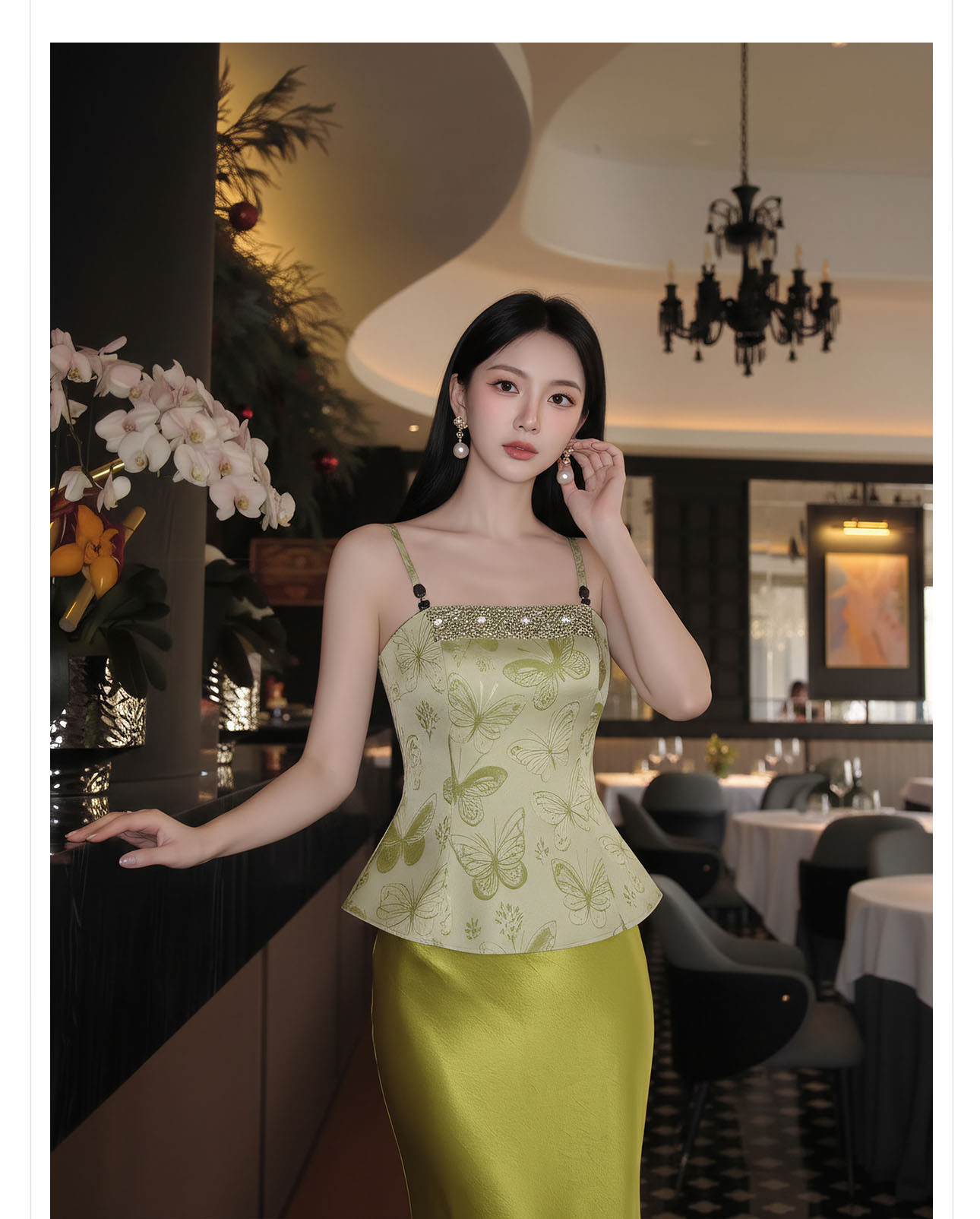 Bộ đầm maxi thắt eo phong cách Tân Trung Hoa thêu ren cổ điển — bộ đồ, Trang chủ, Màu xanh lá cây nửa váy chi tiết 3