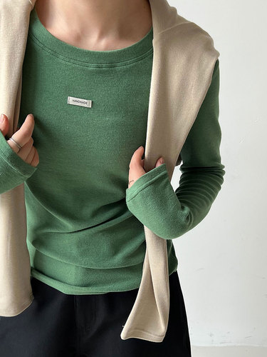 Deer West Soft and Chewy Tailoring Plain Color Round Neck Base Shirt for Women Autumn Embroidery Korean Standard Design Long Sleeve T-Shirt Top 2112