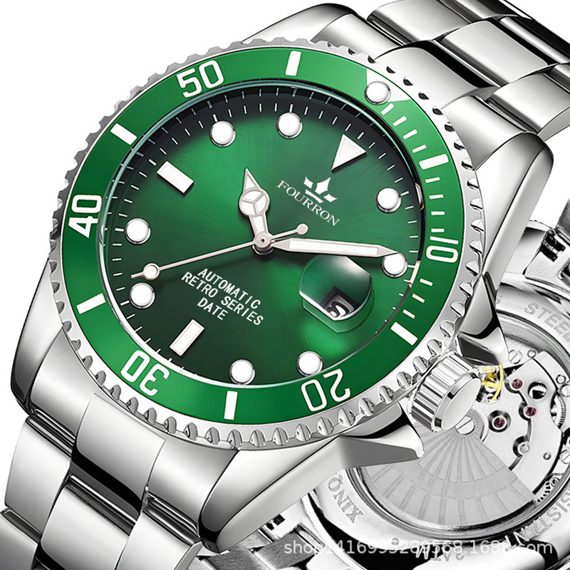 国产商务名表绿水鬼男士夜光日历防水休闲高档复古潮流款腕表透底
