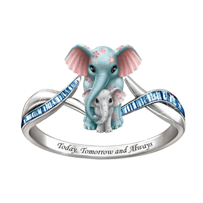 Fashion Elephant Child Mother Elephant Diamond Alloy Ring Wholesale display picture 4