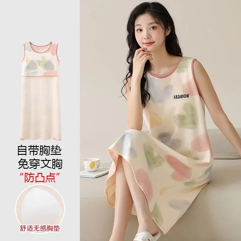 2025 pijama de verano de mujer cintura cojín de pecho chaleco vestido sin mangas ropa de pijama de damas mediana y larga gran tamaño comercio exterior transfronterizo