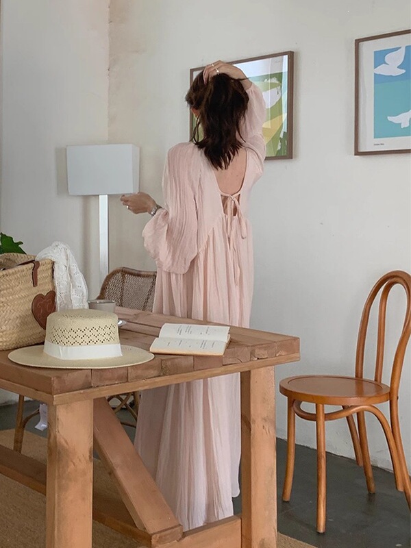 Dongdaemun Ins Spring/Summer New French Style Gentle and Chic Backless Ruched Puff Sleeve Long Dress for Women