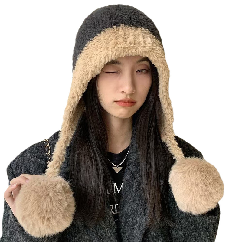 冬季防寒帽大头围毛绒挂球可爱护耳帽子女遮耳加绒加厚拼色针织帽|undefined