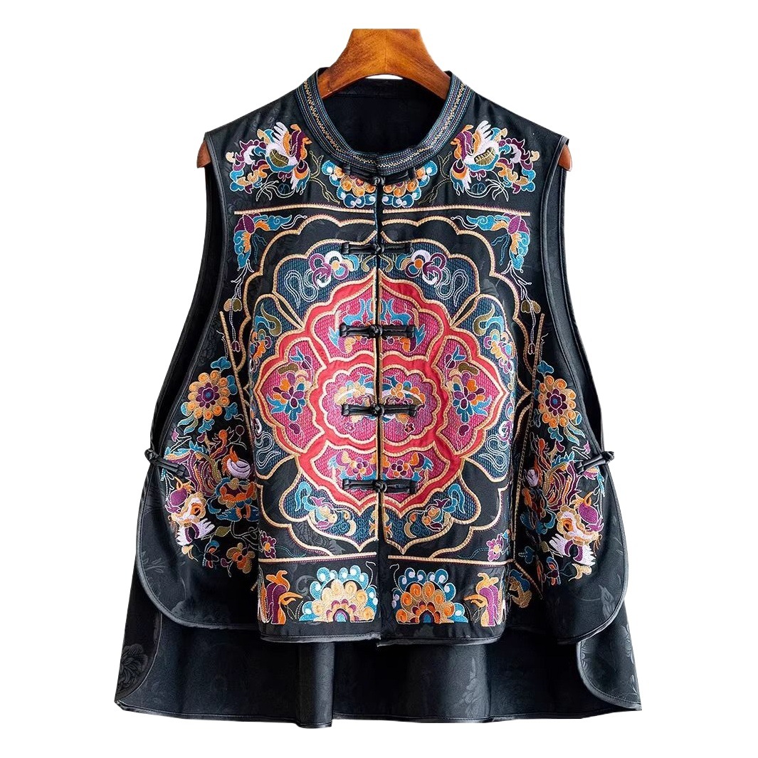 Retro negro suelta chaleco exterior para las mujeres 2023 otoño nueva moda nacional bordado pesado jacquard