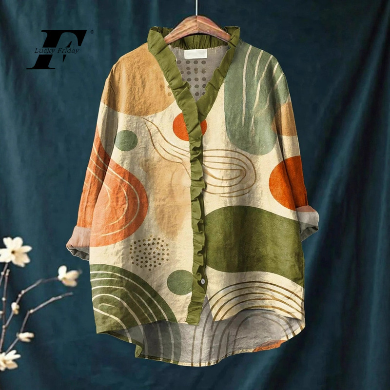 2025 Summer New Style Temu Amazon Aliexpress Loose Printed Casual Large Size Lace Women's Shirt E888