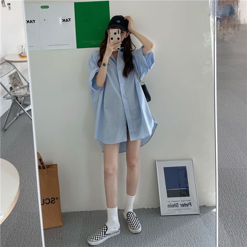 Women's Loose Blue Short-Sleeve Shirt, Korean Style, Medium-Long Length, BF Style Top, Stylish and Fashionable Shirt Dress