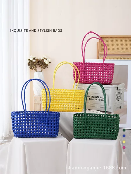 Solid Color Square Hollow-Out Plastic Woven Handbag New Style Basket Summer Tote Holiday Beach Bag Versatile Bag